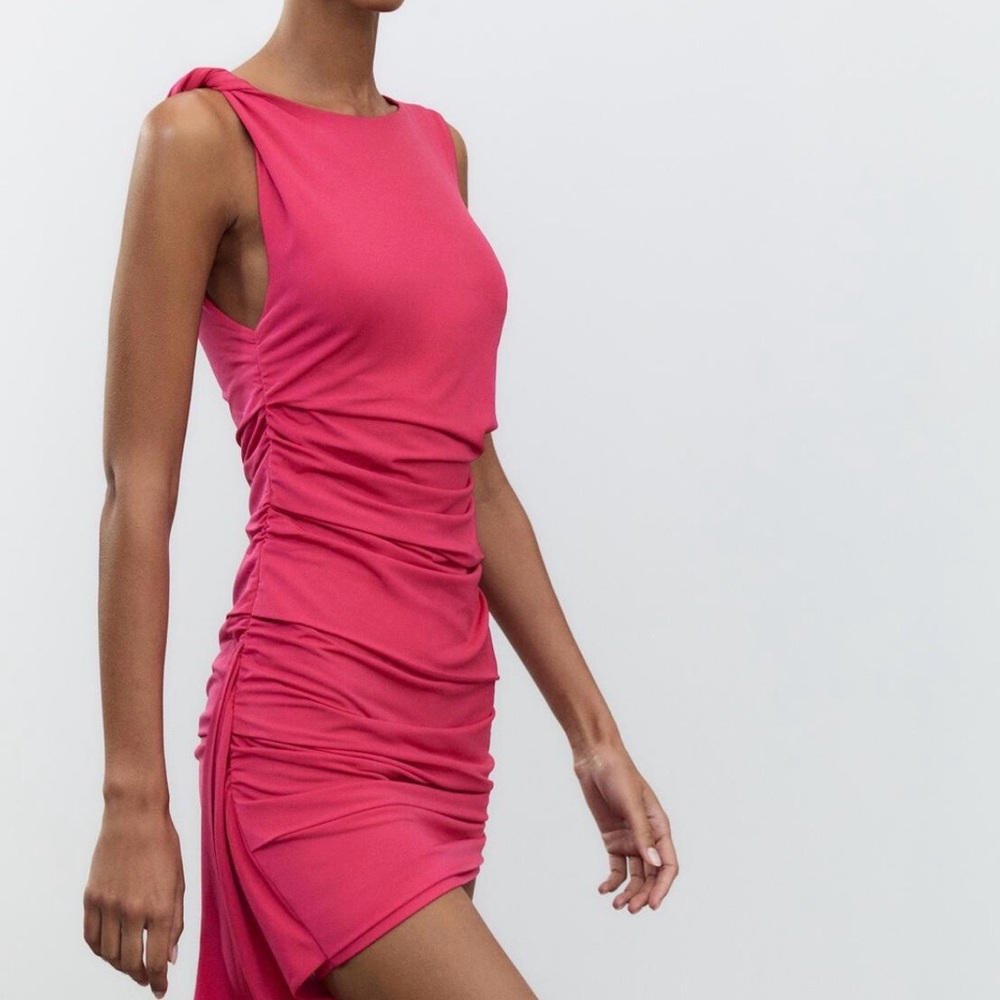 Zara Hot Pink Sleeveless Ruched Mini Dress